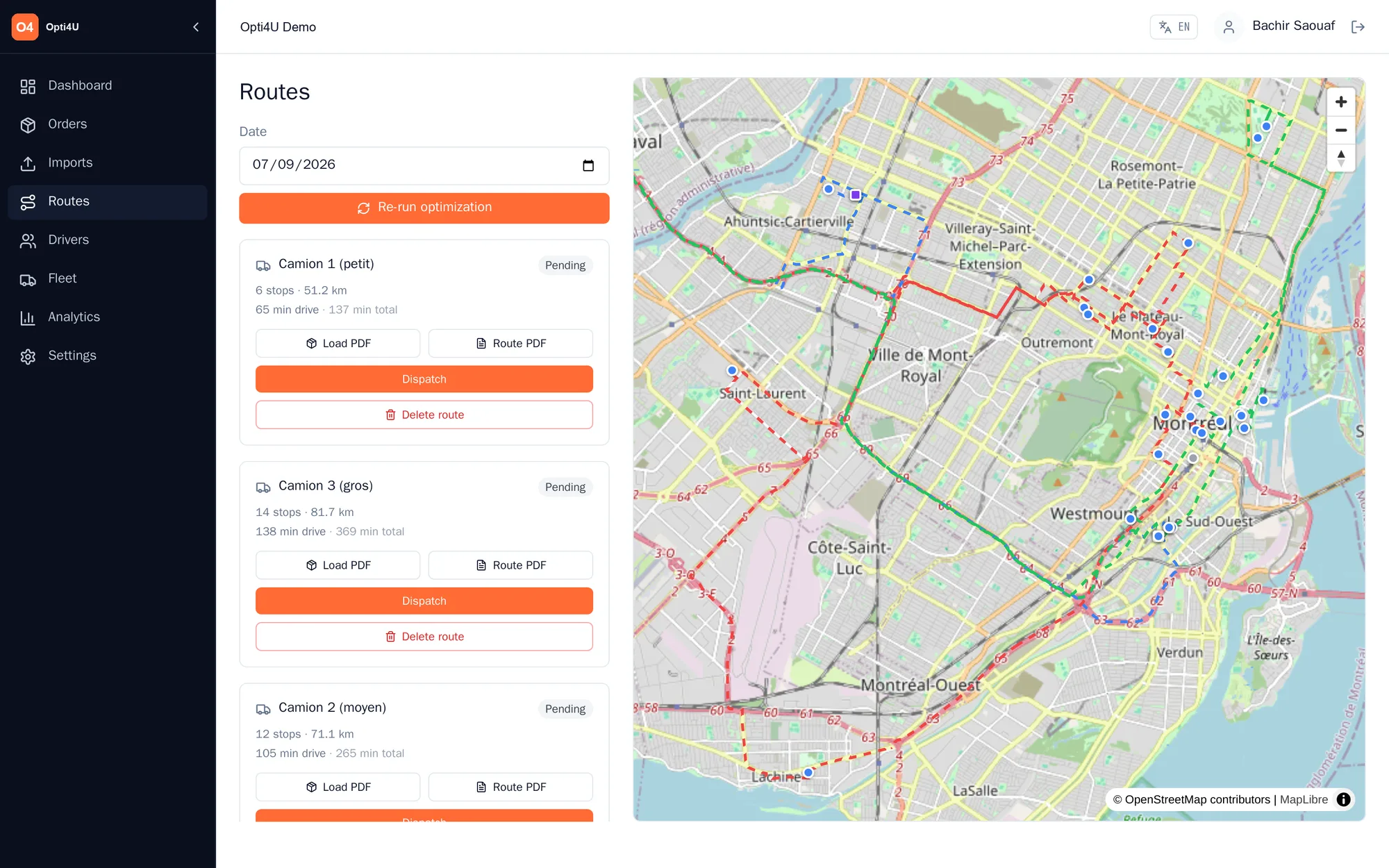 Opti4U route optimization — the day's orders split across three trucks as color-coded routes on a live map