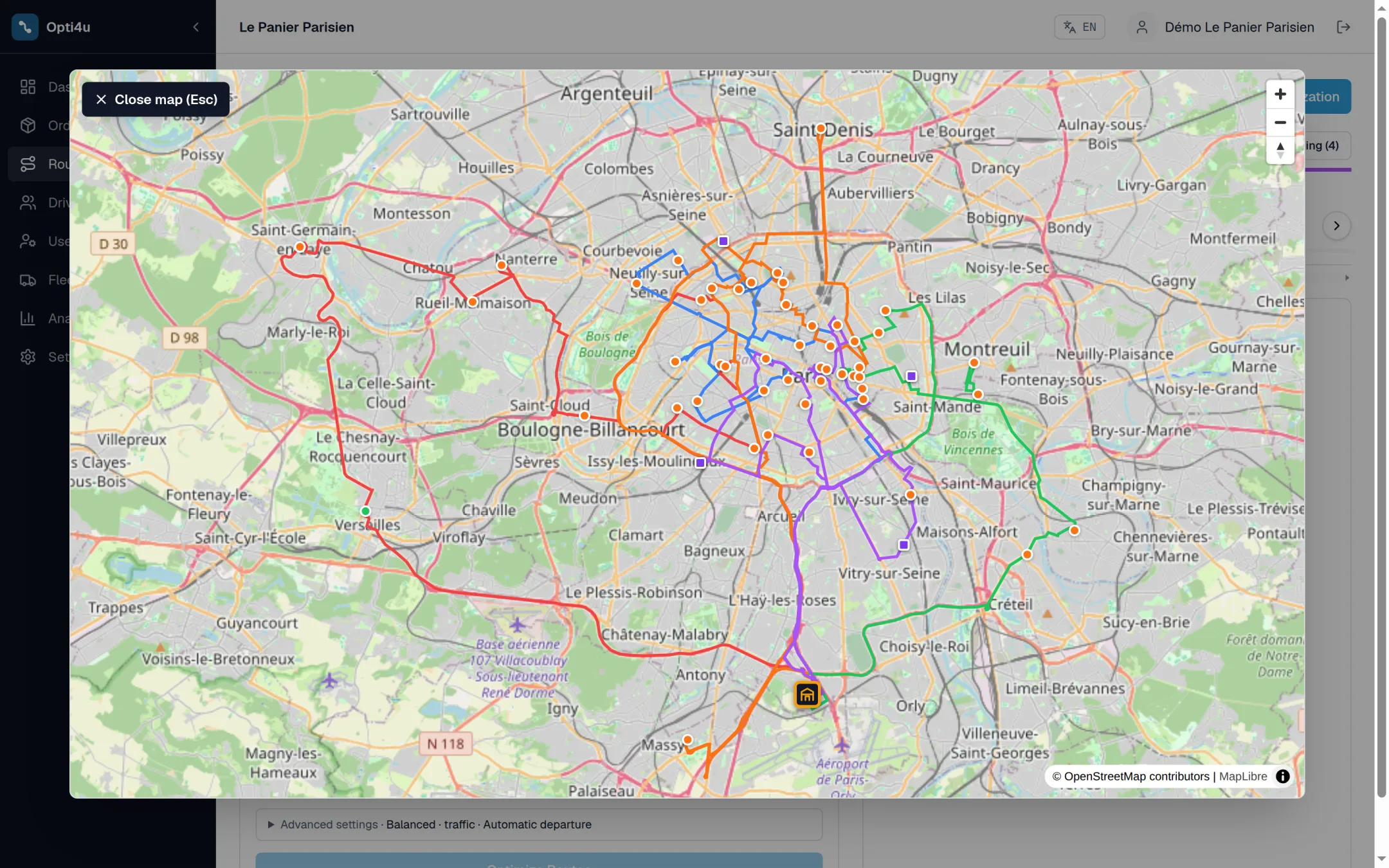 The Opti4U routes screen with optimized routes across a metro area